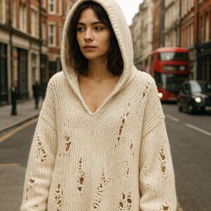 Pol Cozy Knit Hooded Sweater - Cream Ivory Neutral Oversized and Distress Size M